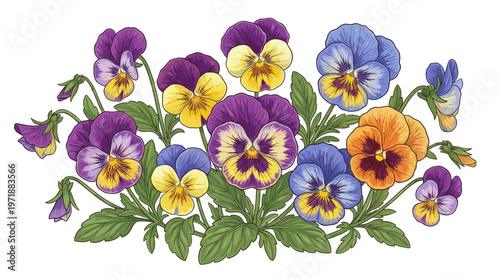 Lush Garden Pansy Flower Vector Bush Illustration Featuring Detailed Purple Yellow and Orange Blooming Petals with Green Leaves for Elegant Spring Botanical Design and Decoration