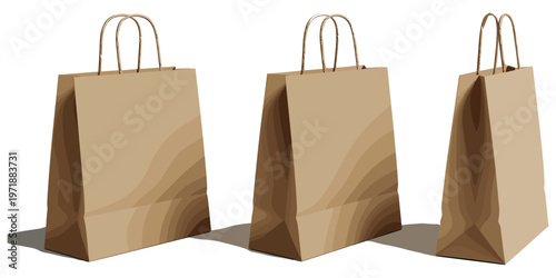 Eco friendly kraft paper shopping bags, retail packaging design, sustainable grocery carry, brown paper handles, reusable packaging solution, flat vector illustration