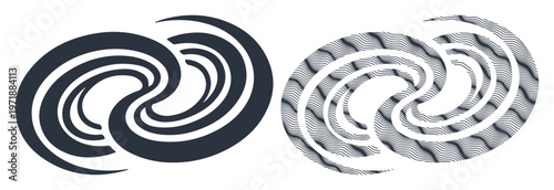 Abstract swirling shapes symbolizing duality and contrast, one solid dark, the other striped light.