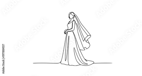 Elegant bride in wedding dress continuous line art vector illustration with flowing veil in minimal style