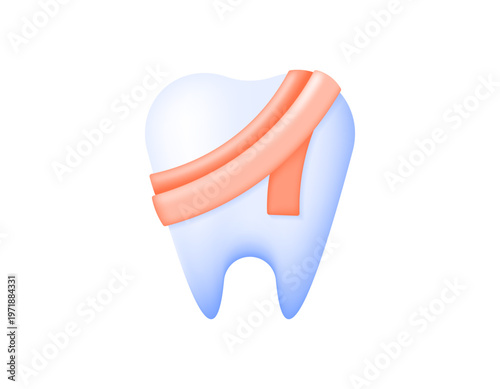 Dental treatment and care concept. Illustration of a tooth symbol with a bandage to treat a cracked or damaged tooth. Cavity healing. Clinic and specialist doctor. Health, icon, 3D vector style