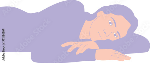 Vector art of girl sleeping on pillow with purple outfit and peach skin tones in minimalist aesthetic design.