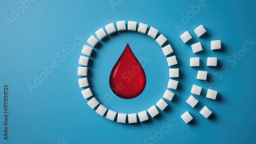 Red blood drop graphic surrounded by white sugar cubes on a blue background symbolizing di
