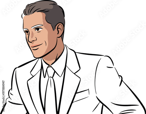 Illustration of handsome man wearing formal suit and tie looking away with a slight smile in vector cartoon.