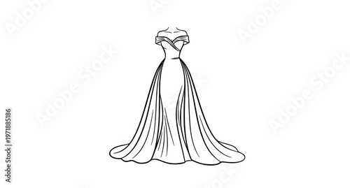 Elegant off shoulder gown line art vector with flowing train minimalist bridal fashion dress outline design