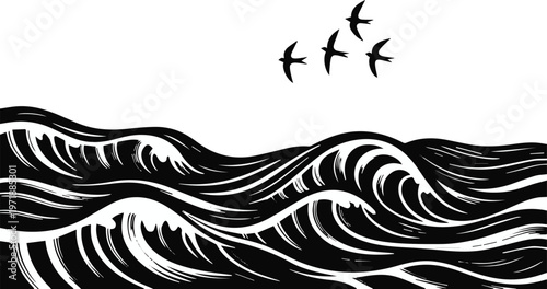 Wave and bird tattoo motif