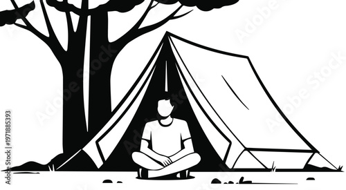 Family camping at tent entrance by lake