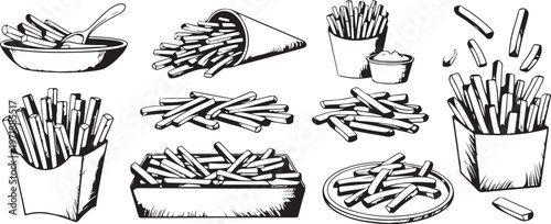 Scattered fries plates and serving sketches