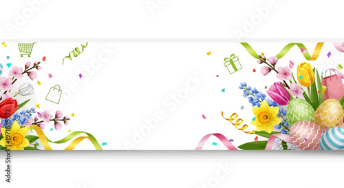 Festive Easter banner featuring colorful eggs, tulips, daffodils, and pussy willow branches arranged with confetti and ribbons against a clean white background, creating a cheerful