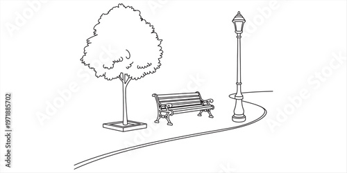 A serene park scene featuring a single tree, a wooden bench, and a tall lamp post on a walkway. Vector, illustration