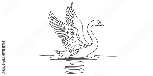 Minimalist continuous line drawing of a majestic swan spreading its wings on a calm water surface Vector, illustration