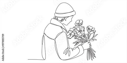A single line drawing illustration of a person wearing a beanie while holding a flower bouquet. Vector, illustration
