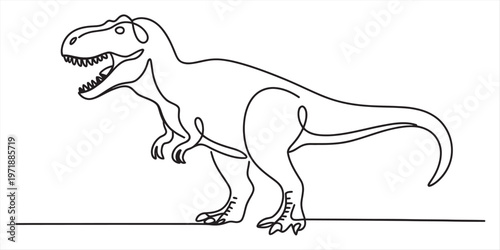 A minimalist single line drawing of a fierce tyrannosaurus rex standing on a flat ground level Vector, illustration