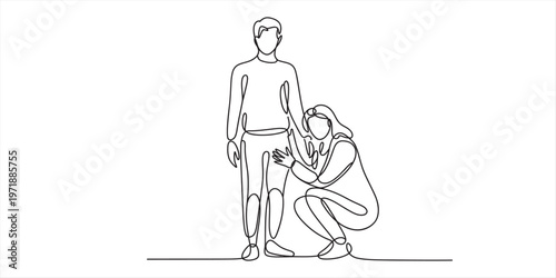 Continuous line drawing of a man standing while a woman crouches beside him on a white background Vector, illustration