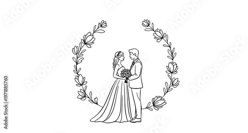 Wedding couple floral frame line art vector illustration with bride and groom in decorative circular design