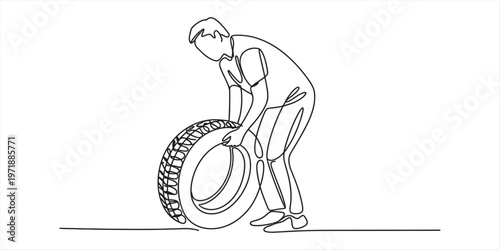 A continuous line drawing of a mechanic man lifting a heavy car tire in a simple artistic style Vector, illustration