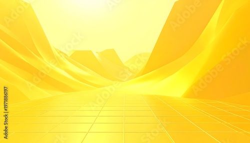 A bright yellow 3D rendered futuristic landscape with curved surfaces