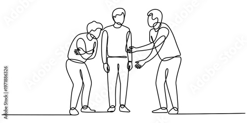 Continuous line drawing of three men standing together engaged in an intense group discussion Vector, illustration