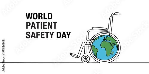 A single line drawing illustration conceptualizing world patient safety day with a wheelchair Vector, illustration