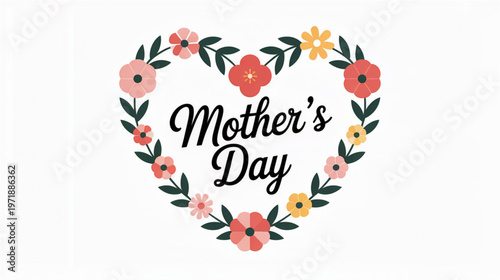 Mother's Day, heart floral wreath, vector illustration, greeting card design, love symbol