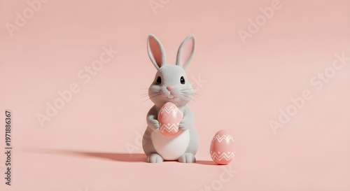 Adorable Miniature Bunny Holding Pink Egg with Pastel Eggs on Soft Pink Background, Celebrating Easter and Springtime Joy
