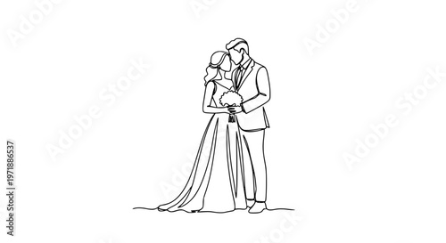 Wedding couple continuous line art vector illustration of bride and groom in elegant minimal outline style