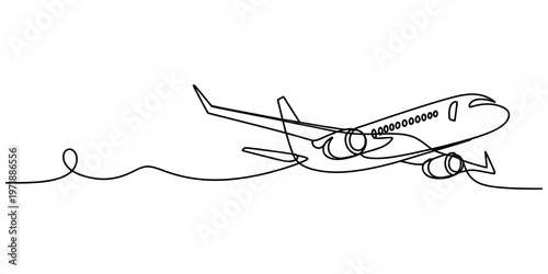 Minimalist continuous line drawing of a passenger airplane flying through the clear open sky Vector, illustration