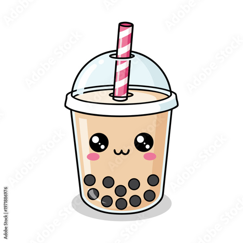 Kawaii Style Bubble Tea Drink with Tapioca Pearls and Straw Illustration