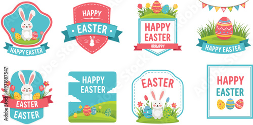 A vibrant collection of easter emblems and badges featuring bunnies colorful eggs flowers and celebratory greetings high quality professional detailed modern elegant stylish