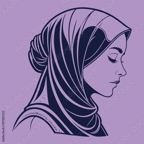 Minimalist illustration of a woman wearing a hijab in profile view with purple and dark purple colors and modern lines on white background