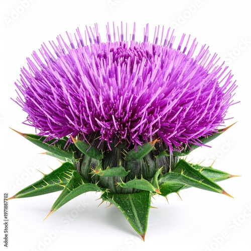 Close-up of a vibrant purple milk thistle flower head with sharp green bracts showcasing detailed botanical artistry against a white backdrop