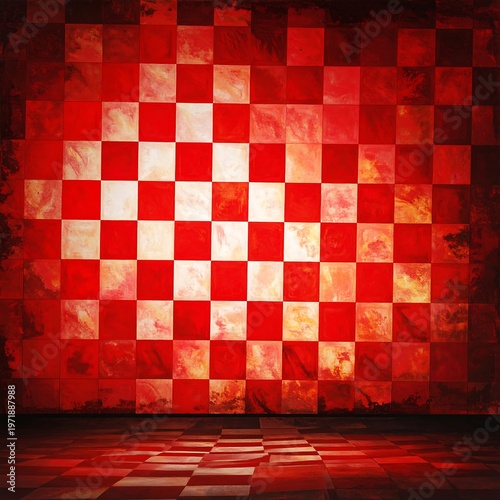 A dimly lit room with a large red and white checkered wall
