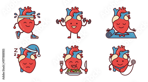Cute real human anatomical heart vector mascot character set doing healthy lifestyle activities like running, fitness, yoga, sleeping, eating diet food, and medical check.