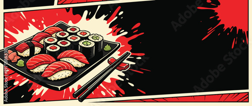 Delicious Assortment of Fresh Sushi and Maki Rolls on a Platter with Chopsticks.