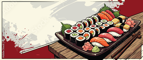 Delicious Assortment of Fresh Sushi and Sashimi Platter with Chopsticks.