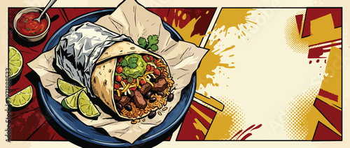 Delicious Burrito with Fresh Limes and Salsa on a Plate.