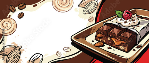 Delicious Chocolate Bar Dessert with Whipped Cream and Raspberry Topping.