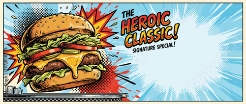 Delicious Classic Heroic Burger Pop Art Style Illustration.