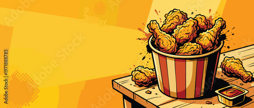 Delicious Crispy Fried Chicken Bucket on Wooden Table.