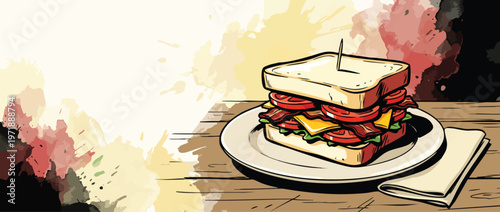 Delicious Club Sandwich with Layers of Meat Cheese and Vegetables.