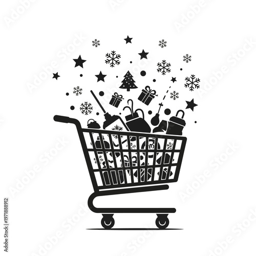 Shopping cart filled with gifts.