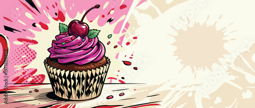 Delicious cupcake with vibrant purple frosting and a cherry on top.