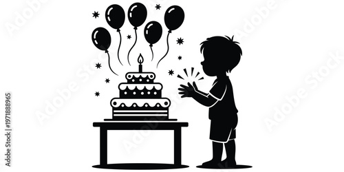 Child birthday silhouette with cake, lit candle, balloons, festive decorations, joyful celebration moment artwork, party design concept, flat vector illustration