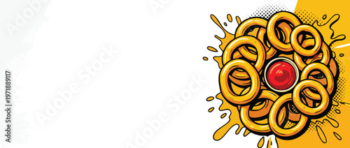 Delicious golden crispy onion rings with a vibrant red dipping sauce.