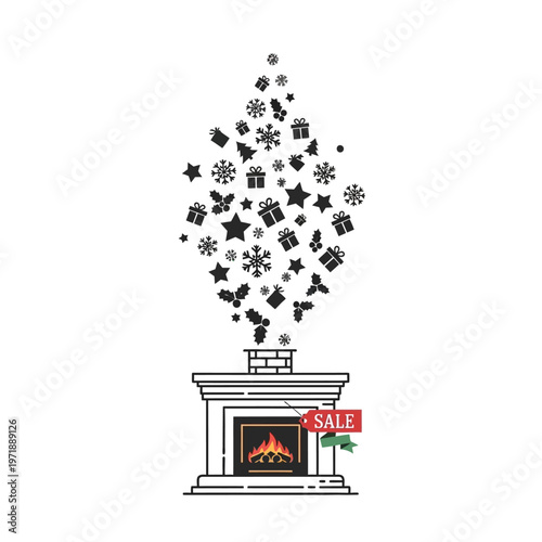 Fireplace with sale sign and decorations.