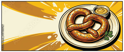 Delicious golden brown pretzel with mustard on a white plate ready to eat.