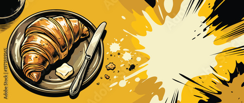 Delicious golden croissant on a plate with butter and knife.