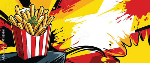 Delicious Golden French Fries in Striped Container Fast Food Snack.