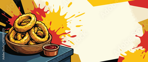 Delicious golden fried onion rings in a bowl with dipping sauce.