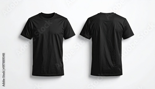 Front and back view of a plain black crew neck t-shirt on white background